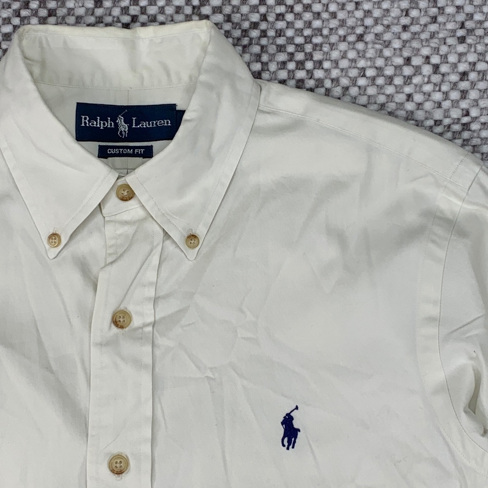 Ralph Lauren Button Down Shirt Mens S Cream Custom Fit Long Sleeve Pony Logo